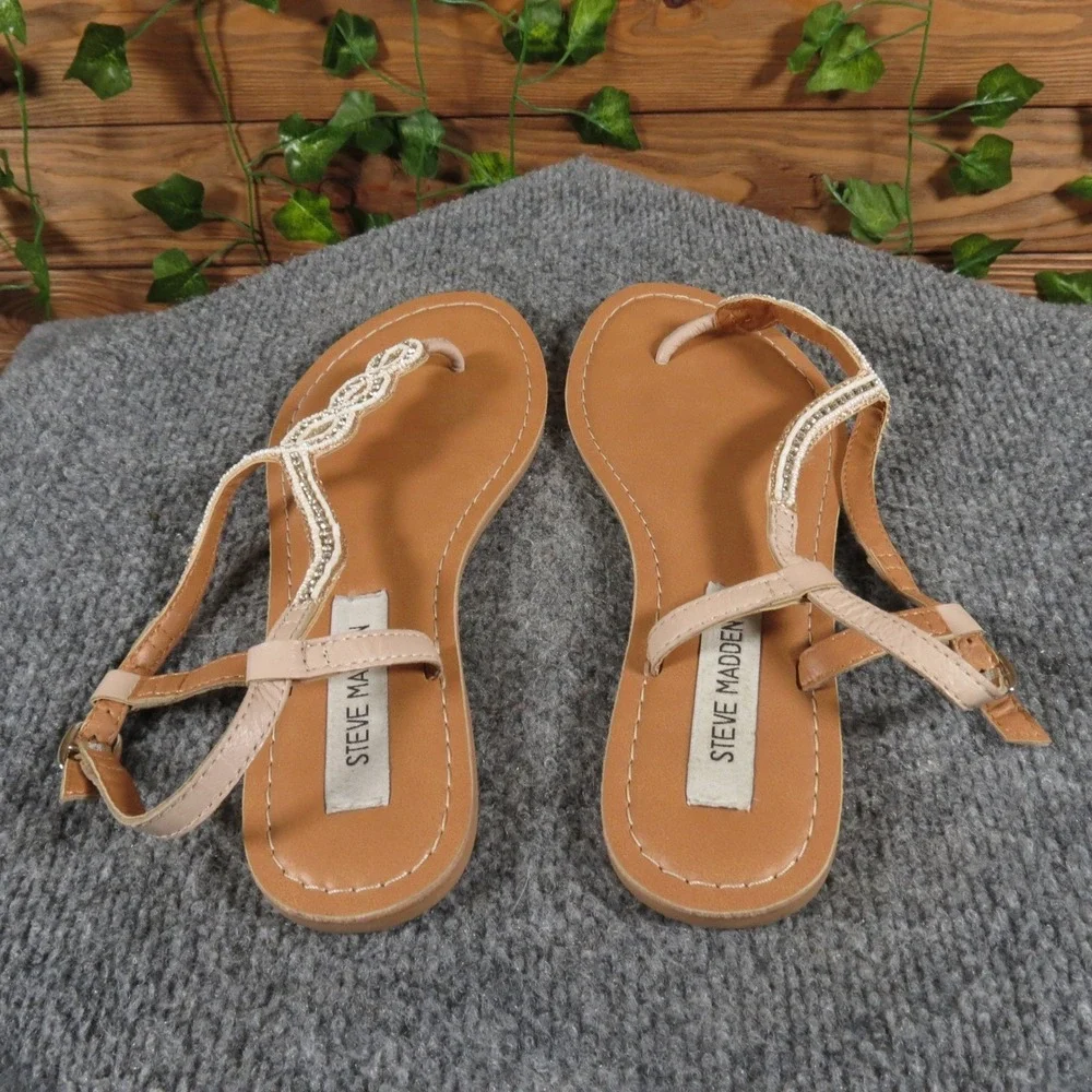 Steve Madden Pristine Womens 6.5 Nude Leather Thong Sandal Casual‎ Dressy Flat
